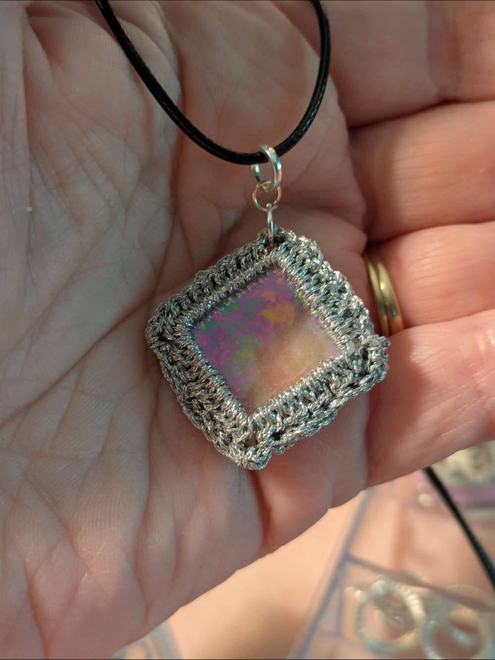 Iridescent Square Pendant Necklace in Silver-Tone